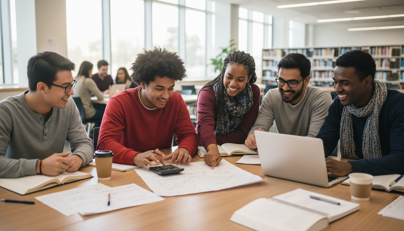 Photo Idea : A diverse group of IB students around a table, pointing at a printed graph and using calculators and laptops