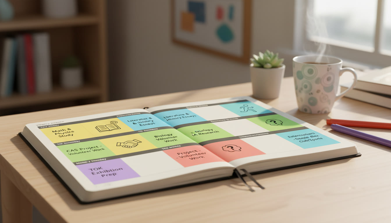 Photo Idea : A weekly planner with color-coded blocks for study and extracurricular activities