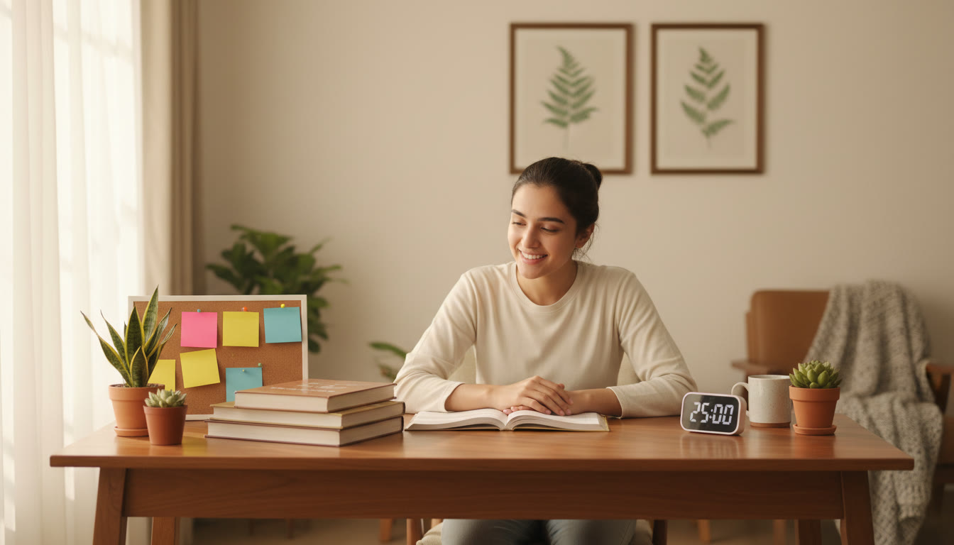 Photo Idea : Student at a tidy study desk with timer, NEET books and sticky notes