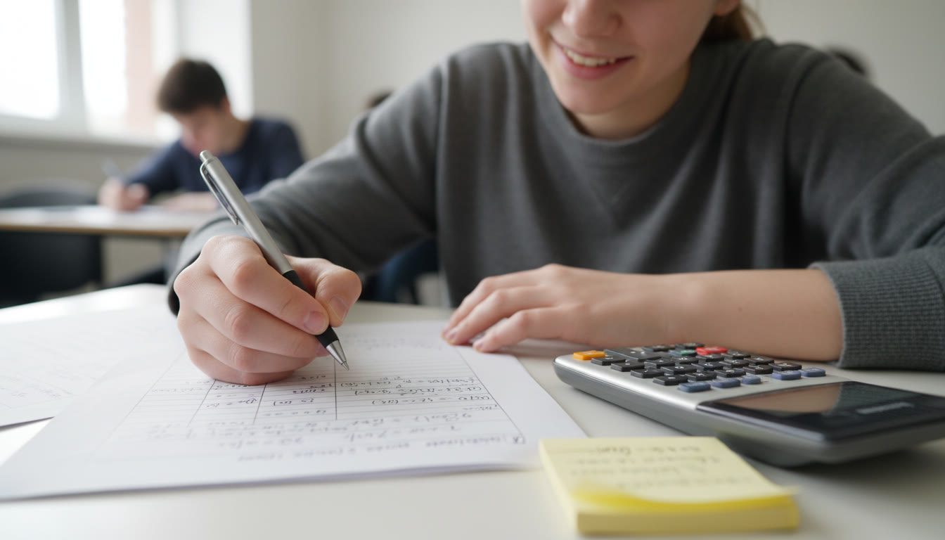 Photo Idea : Student writing in an exam with neat step-by-step calculations, a calculator and a small note of assumptions