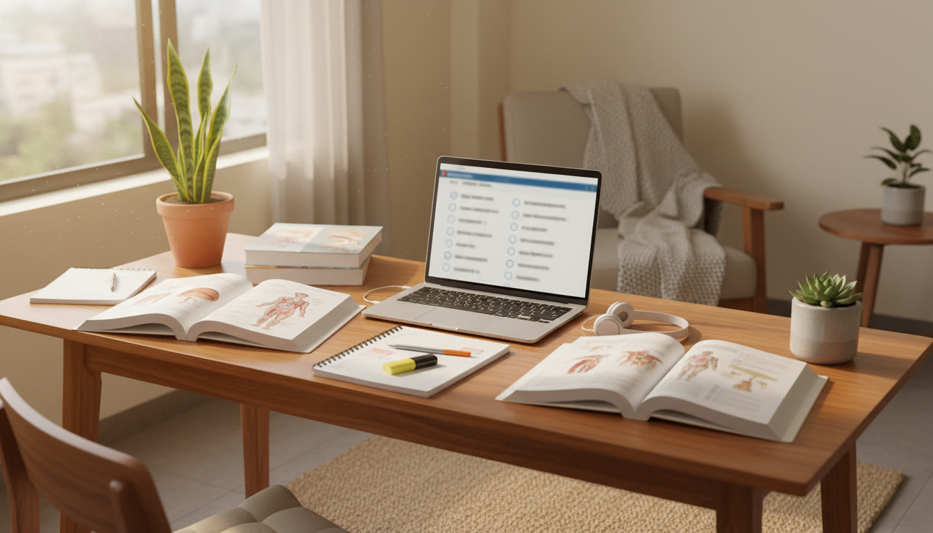 Photo Idea : Student at a desk with open textbooks, annotated notes, and a laptop showing an MCQ test interface