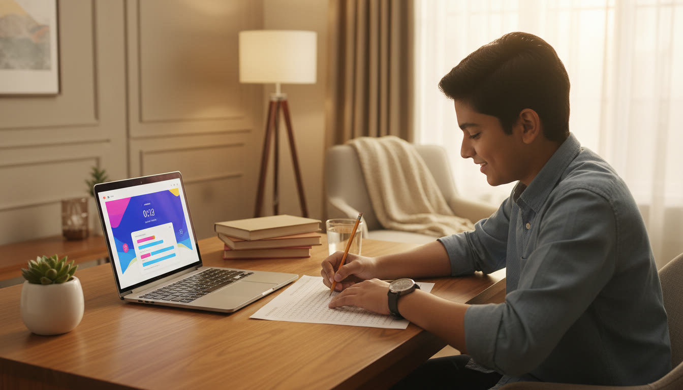 Photo Idea : Student filling an OMR sheet under timed conditions with a laptop showing the mock interface nearby