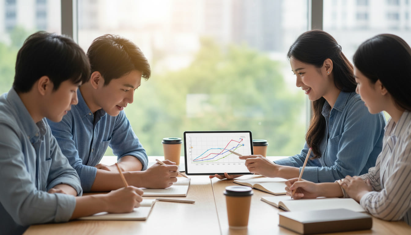 Photo Idea : a small-group tutoring session with a tutor explaining graphs on a tablet while students take notes