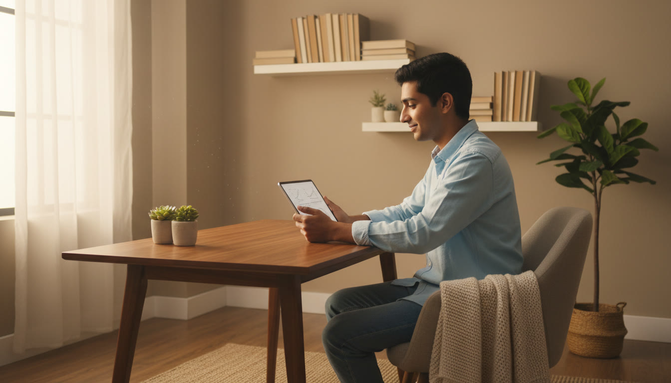 Photo Idea : a calm student checking solutions on a tablet during a scheduled review break