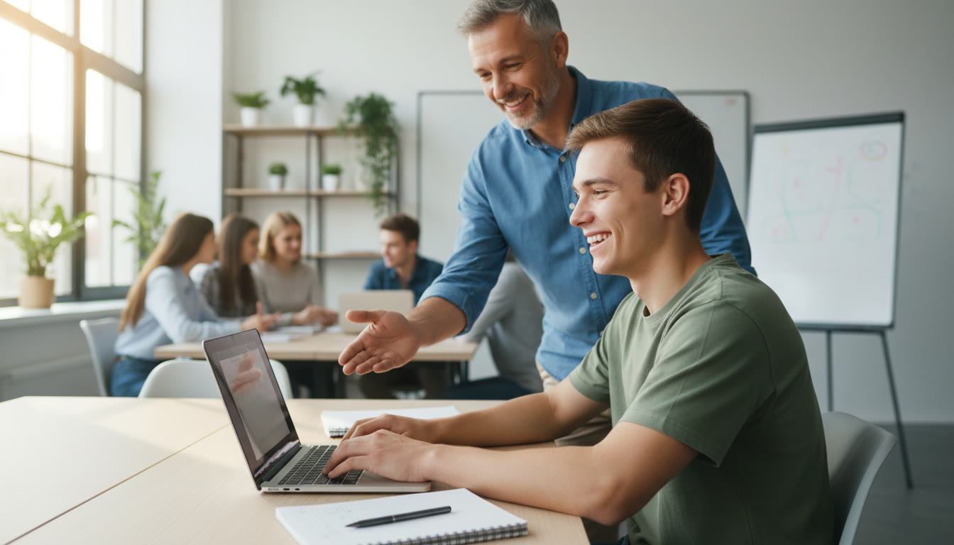 Photo Idea : A student writing meeting notes on a laptop while a teacher gestures supportively in the background