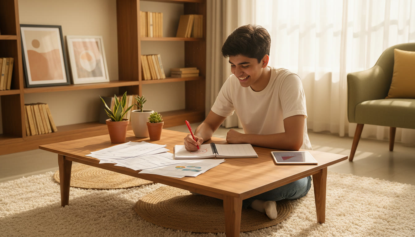 Photo Idea : Student analyzing a mock test paper and marking an error log