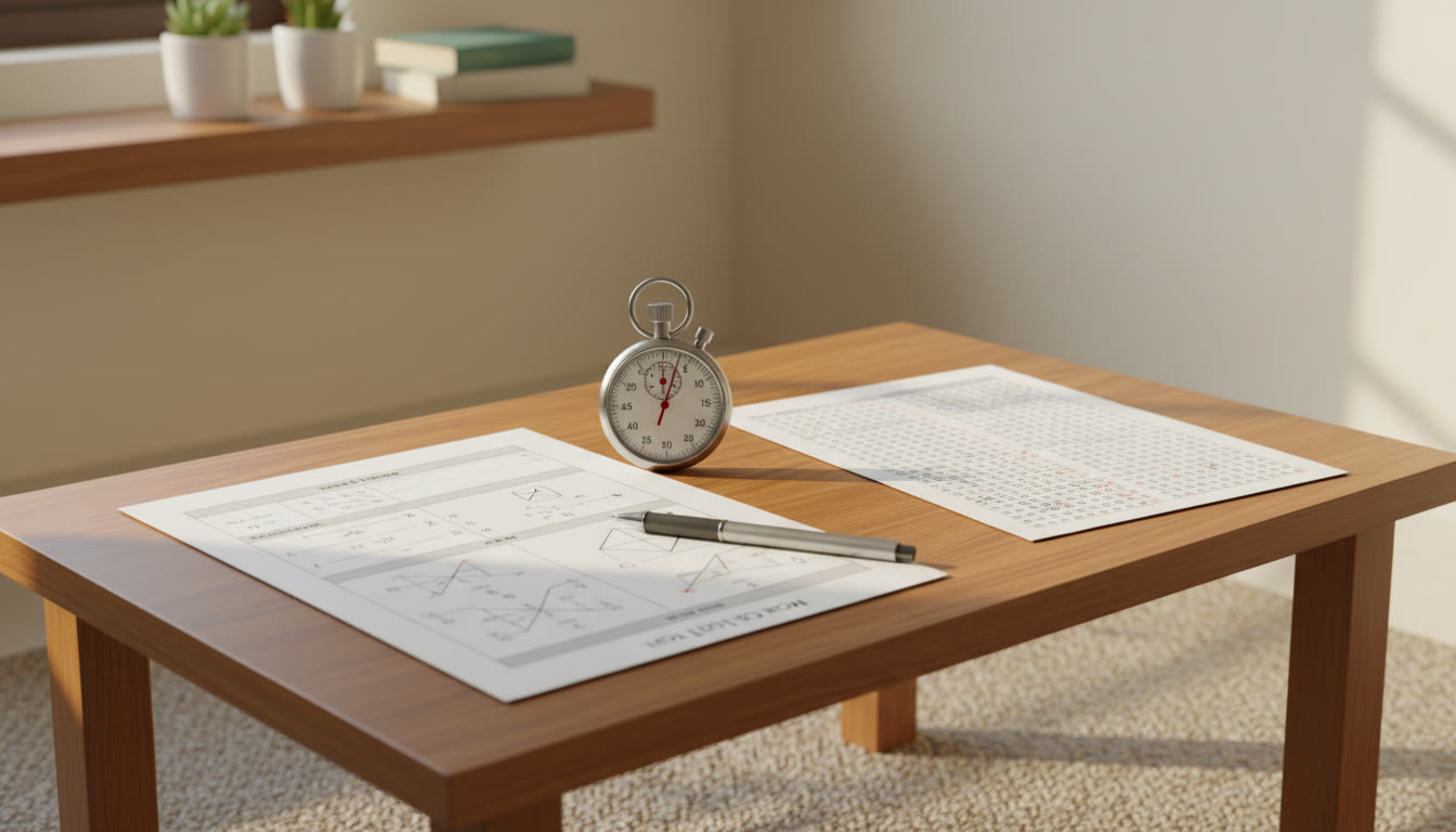 Photo Idea : A printed mock test with a mechanical pencil, stopwatch, and a marked answer sheet