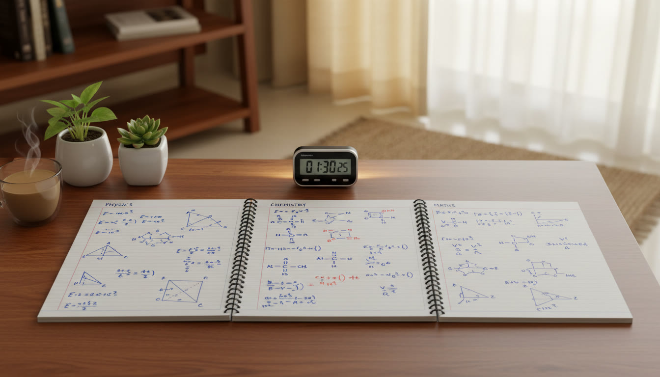 Photo Idea : A revision spread showing one-page formula sheets for physics, chemistry, and a timer