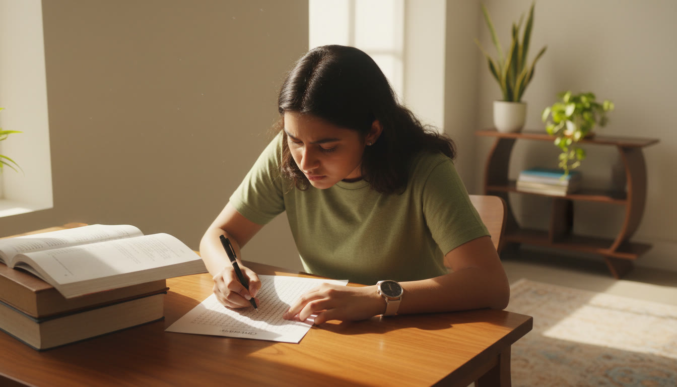 Photo Idea : A focused student marking answers on an OMR sheet under timed mock-test conditions