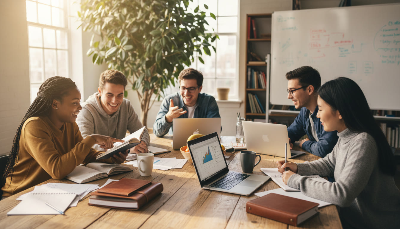 Photo Idea : A diverse group of IB students studying and drafting application notes around a sunlit table with laptops and notebooks
