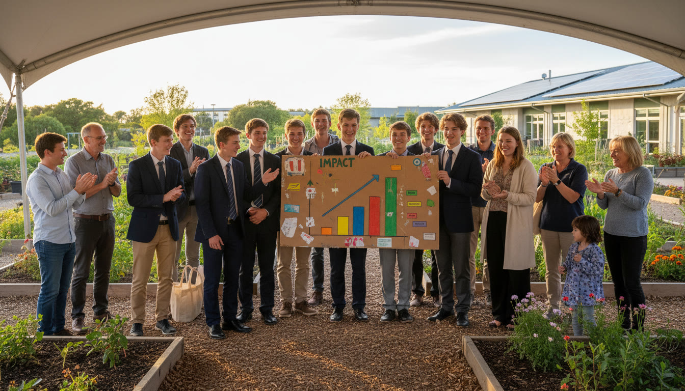 Photo Idea : students presenting a simple impact chart to community members