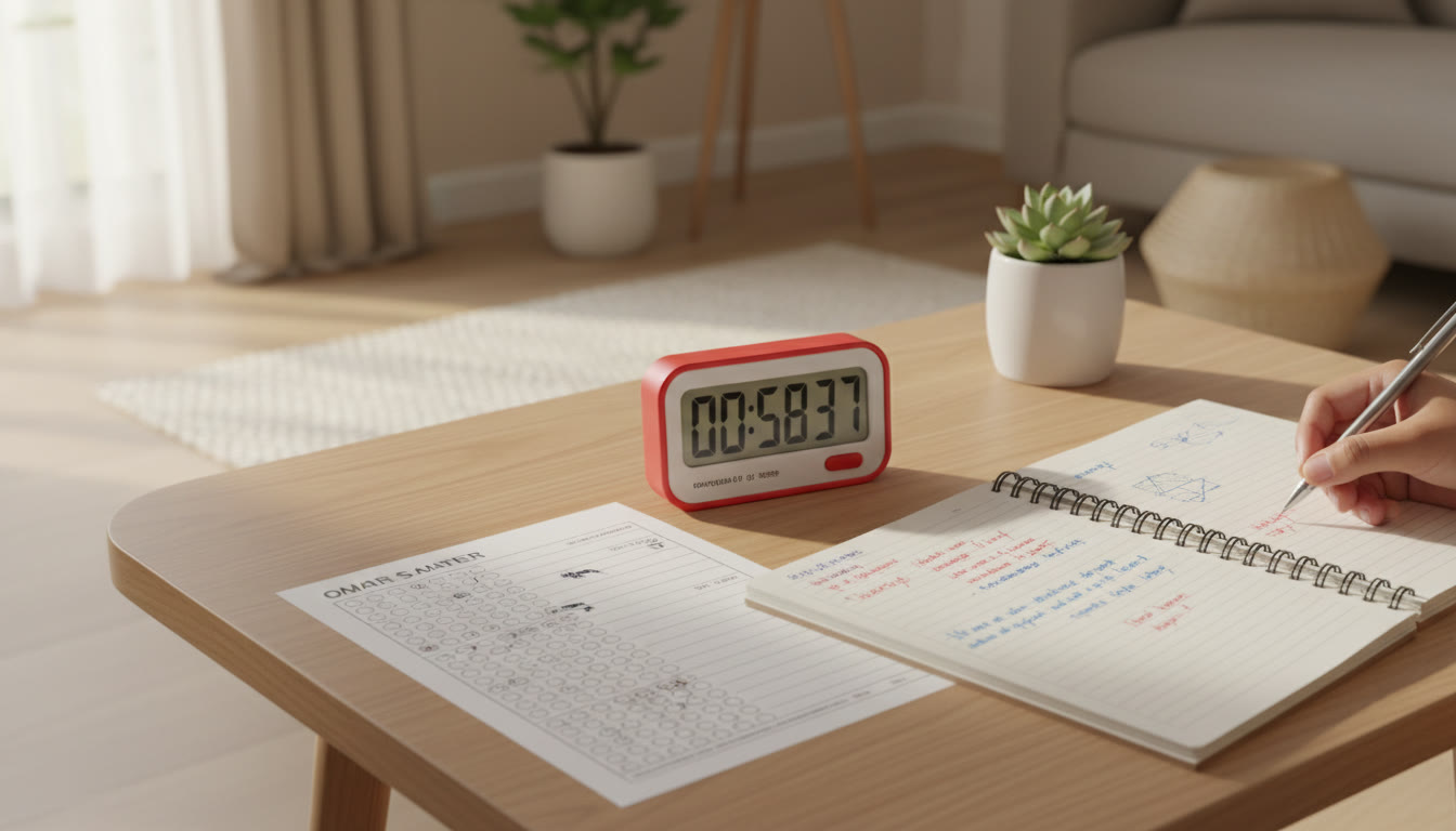 Photo Idea : A close-up of a marked OMR sheet, a timer, and a student’s annotated answer notebook