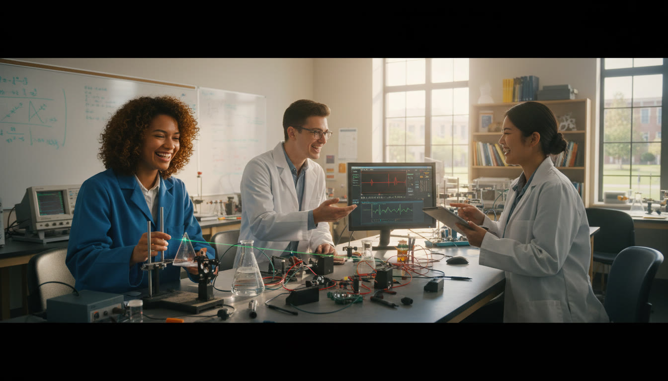 Photo Idea : Students collaborating on a physics experiment in a bright university lab