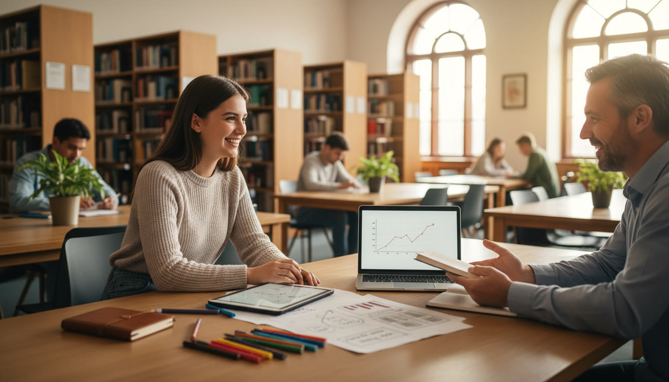 Photo Idea : Student writing an extended essay in a campus library with a supervisor