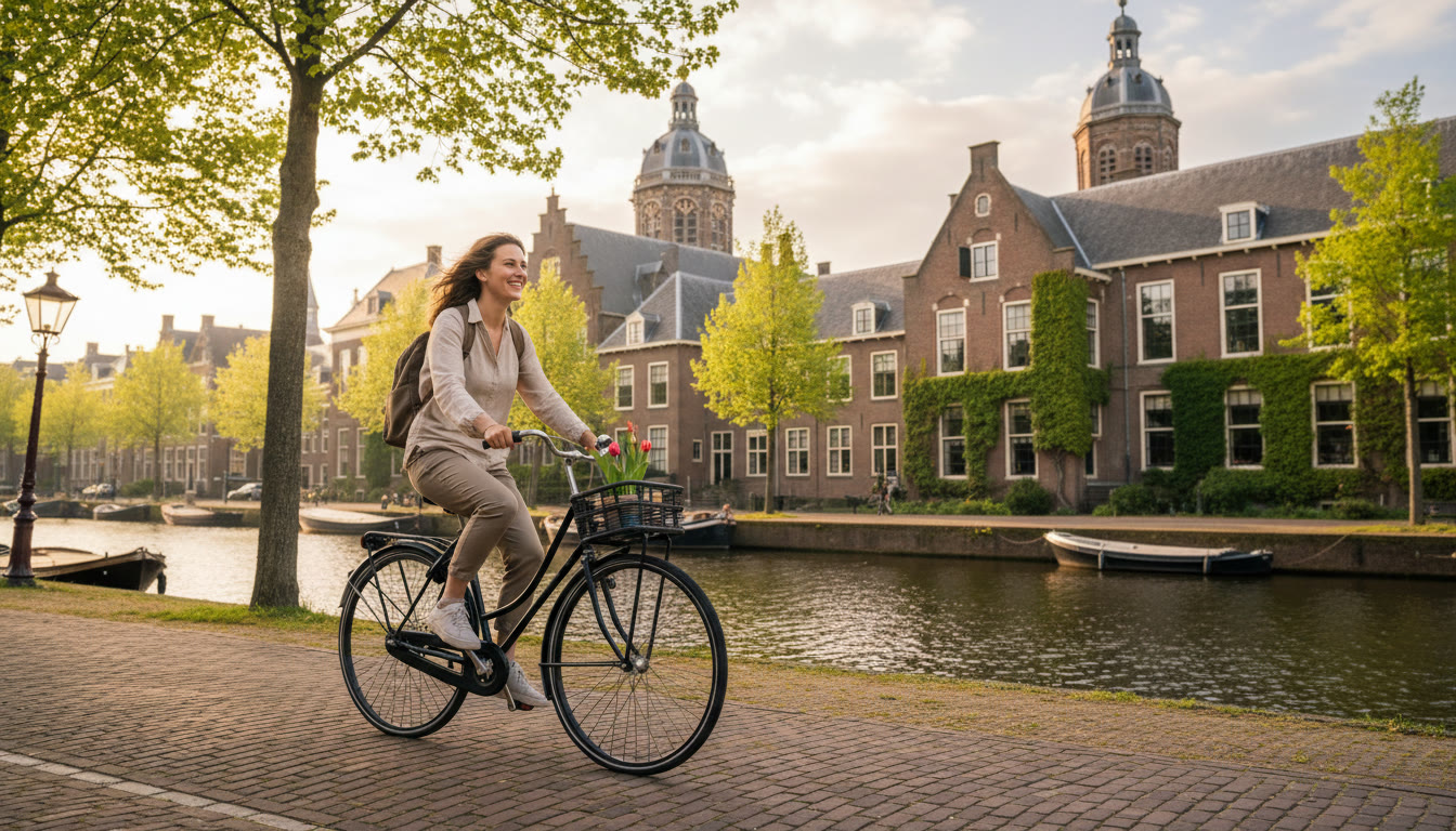Photo Idea : Student biking along a Leiden canal with university buildings in the background
