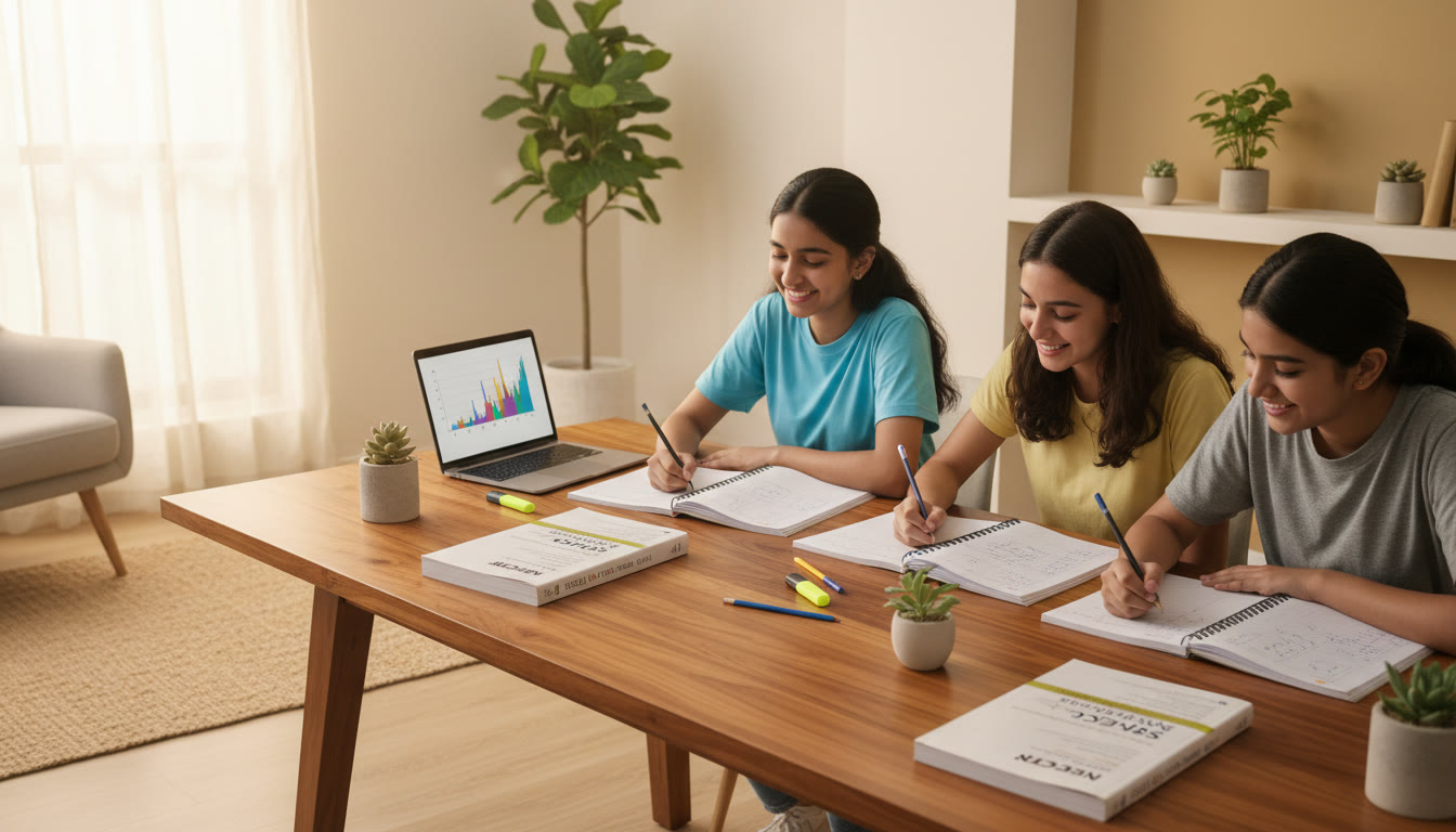 Photo Idea : Students studying with NCERT textbooks and notebooks spread across a wooden table