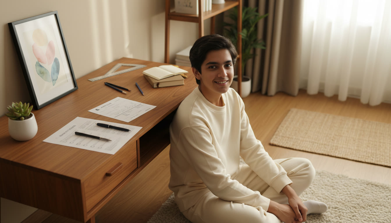 Photo Idea : Student at a study desk with admit card, printed checklist, and stationery