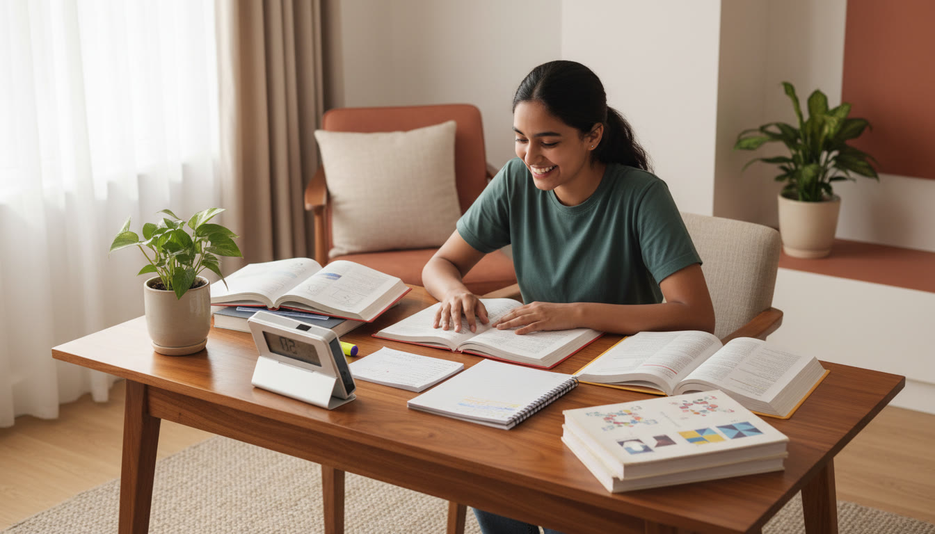 Photo Idea : Student at a tidy study desk with textbooks, notebook, and a visible timer