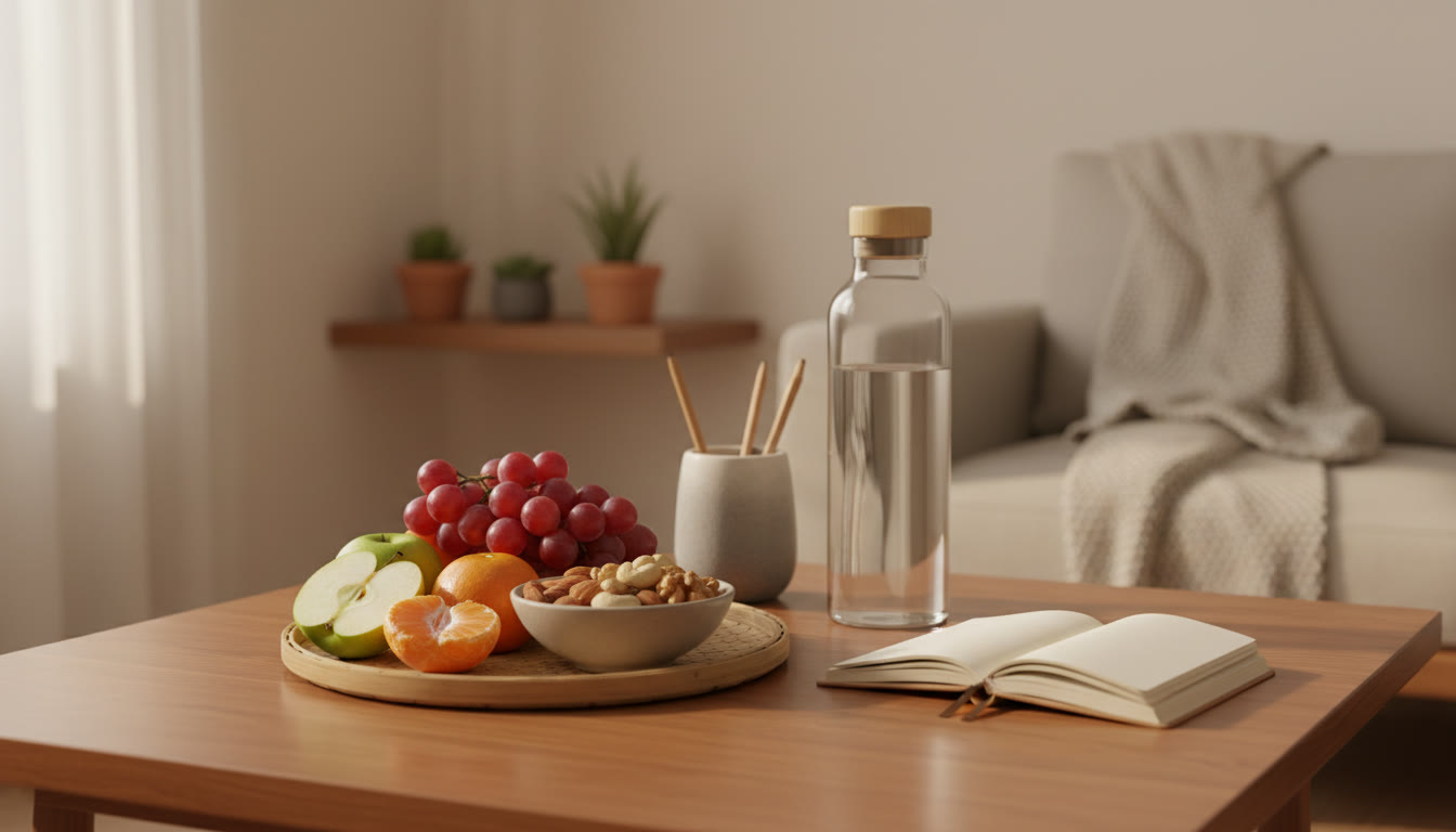 Photo Idea : A healthy study snack spread—nuts, fruit, water bottle, and a small notebook—on a wooden table