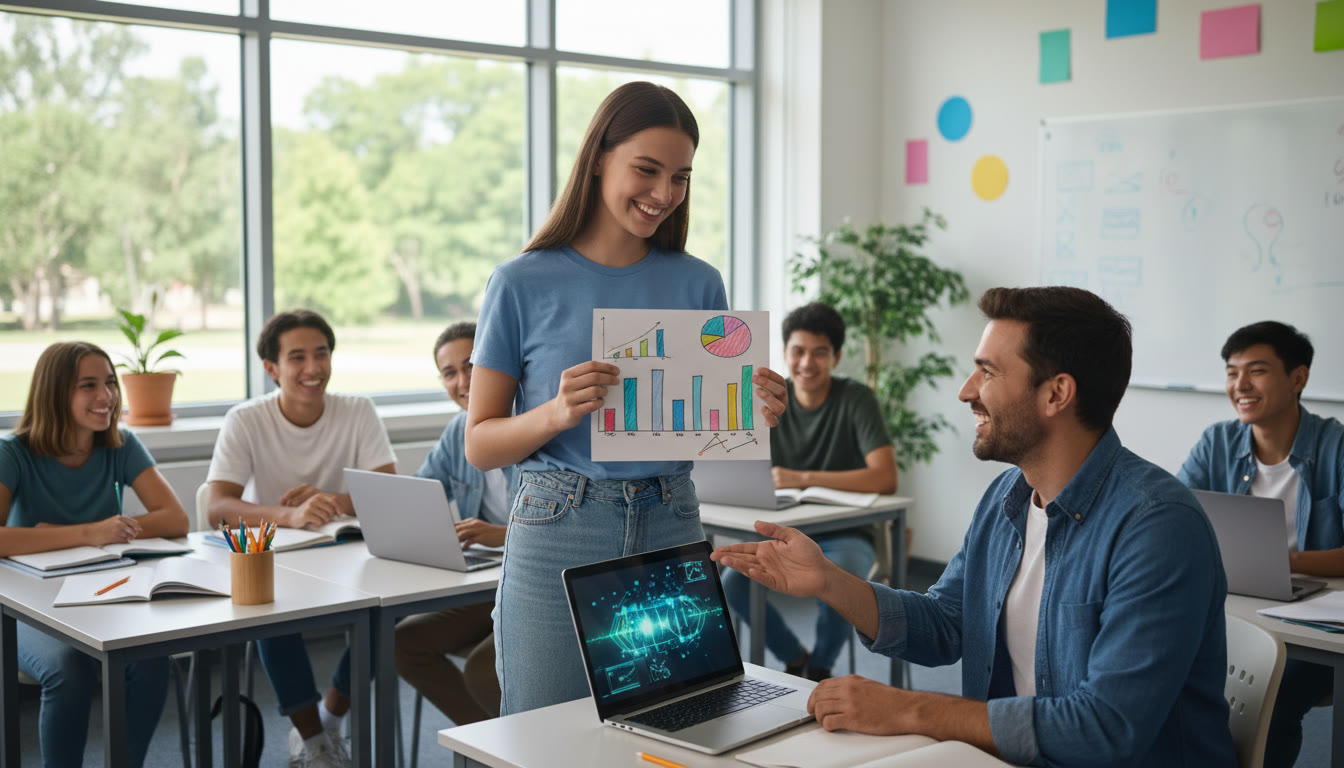 Photo Idea : A student presenting a small poster with charts and a laptop prototype to a teacher in a classroom