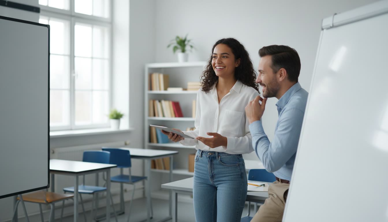 Photo Idea : A student presenting a TOK reflection to a teacher beside a whiteboard