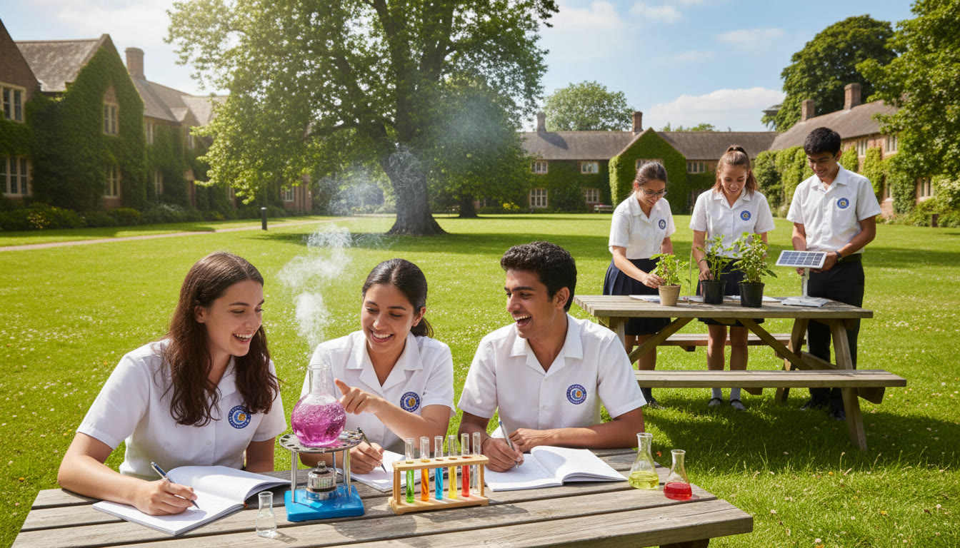 Photo Idea : students collaborating on a hands-on science experiment outdoors, wearing school badges