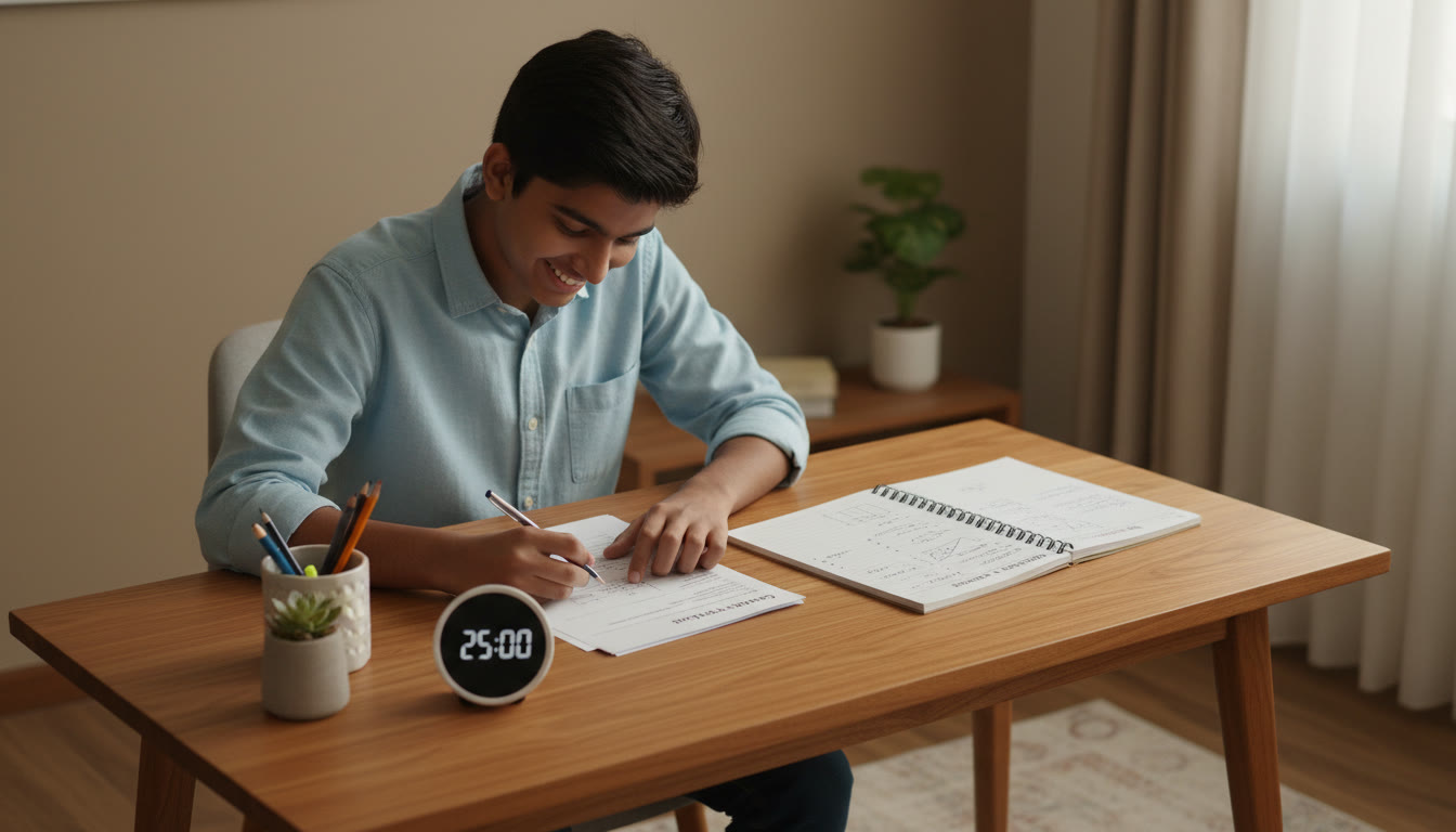Photo Idea : Student at a tidy desk solving a sample paper with a visible timer and a notebook of revision notes