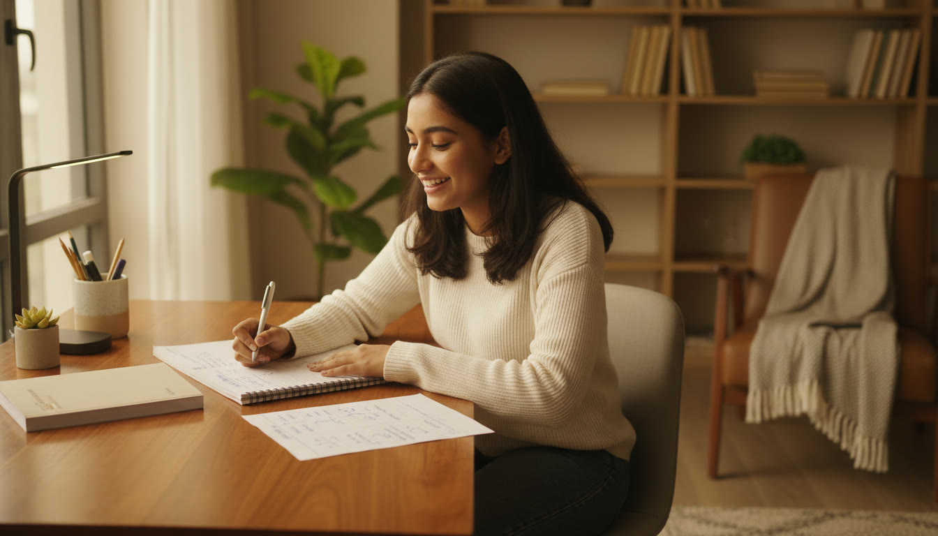 Photo Idea : A student reviewing a handwritten error log and small formula sheet beside a closed workbook
