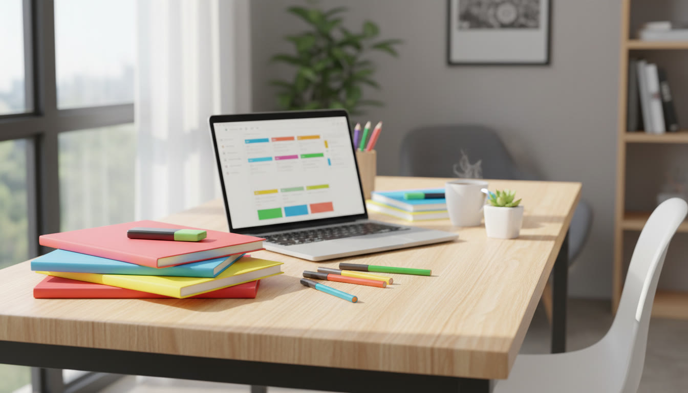 Photo Idea : a tidy desk with color-coded notebooks, highlighters, a laptop open to a notes app
