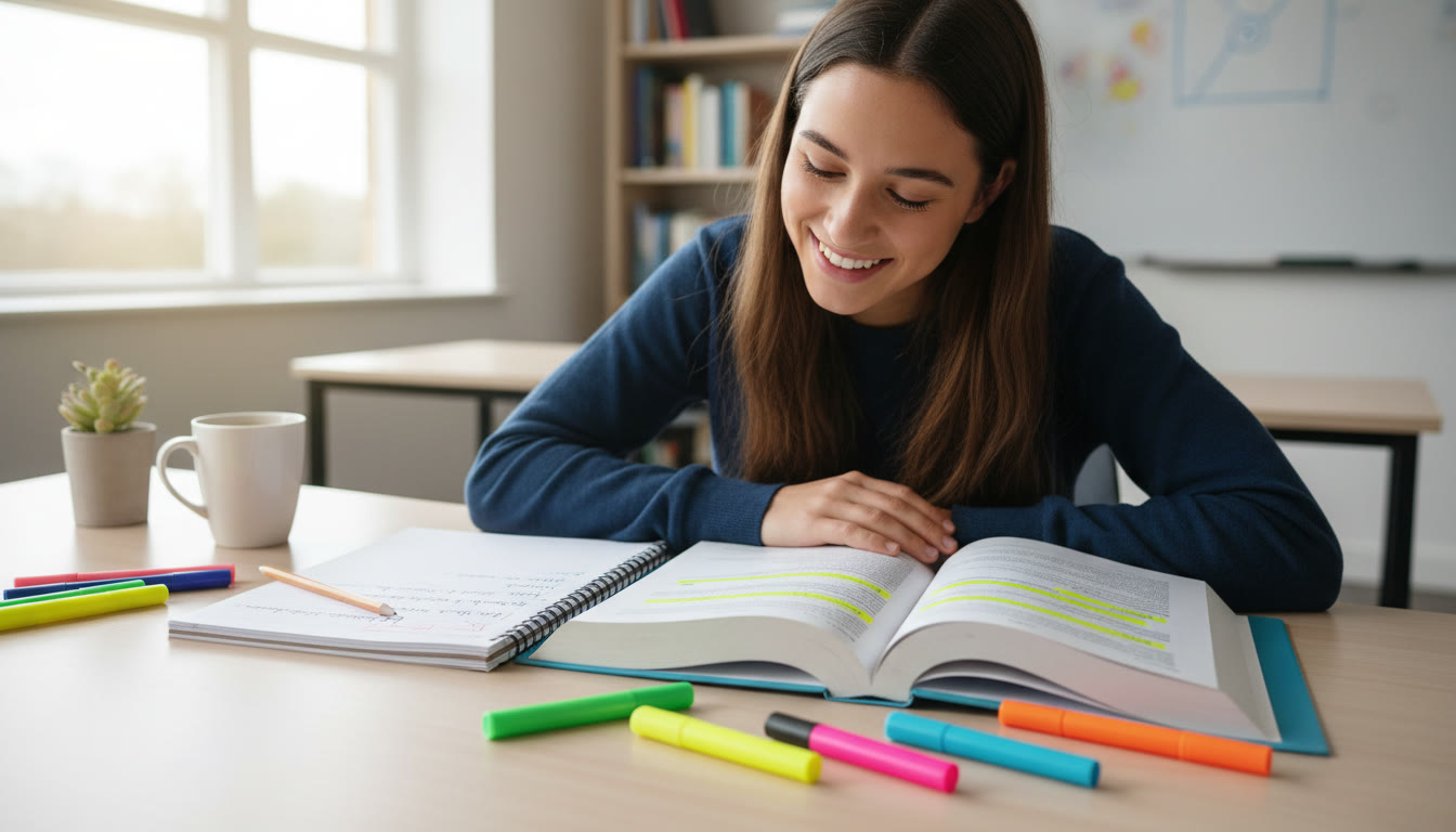 Photo Idea : Student at desk with open IB subject guide, coloured highlighters and a partly written IA draft