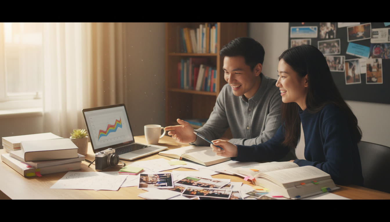 Photo Idea : a student working with a tutor over a laptop, surrounded by notes and CAS evidence