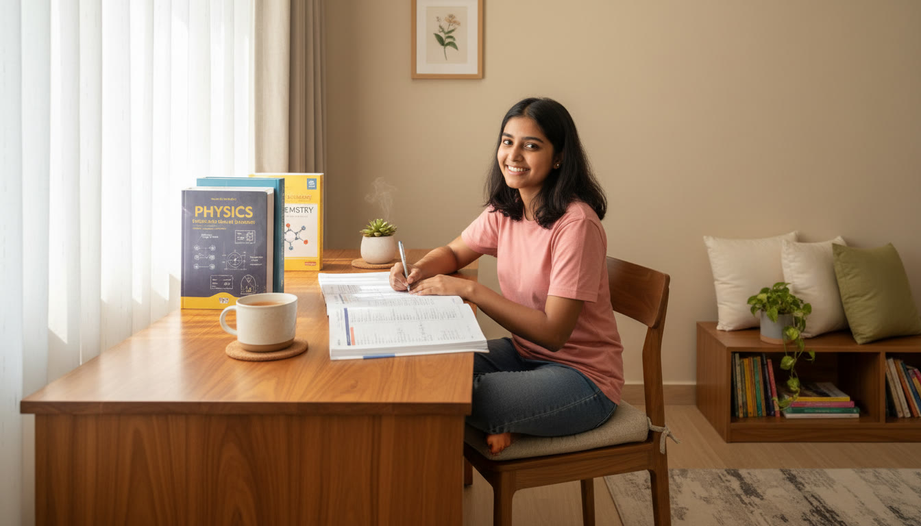 Photo Idea : Student at a tidy desk surrounded by Physics, Chemistry, and Mathematics books, mid-study with a notebook and a cup of tea
