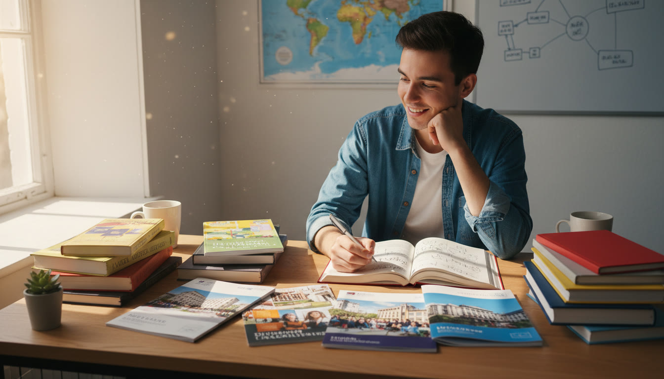 Photo Idea : A thoughtful IB student at a desk surrounded by subject books and university brochures