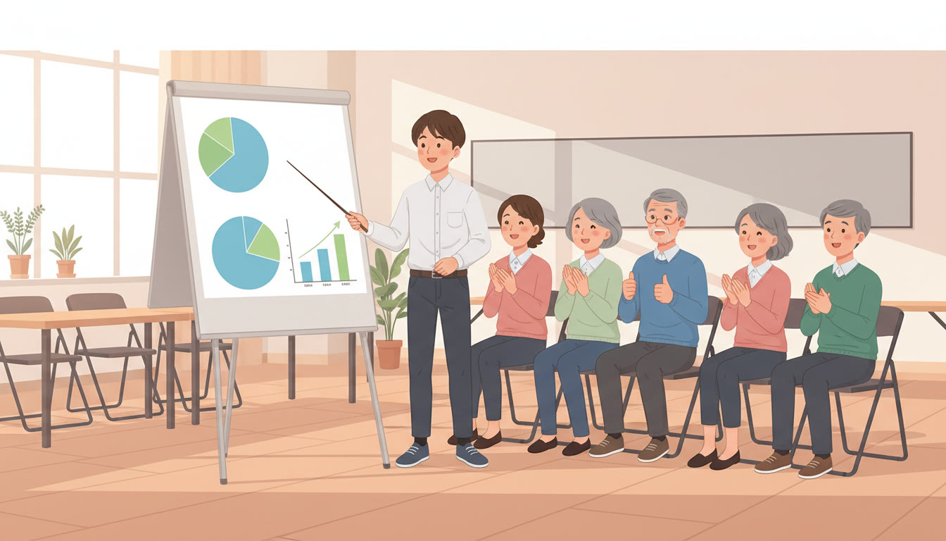 Photo Idea : a student presenting a project report to community members with charts on a flipchart