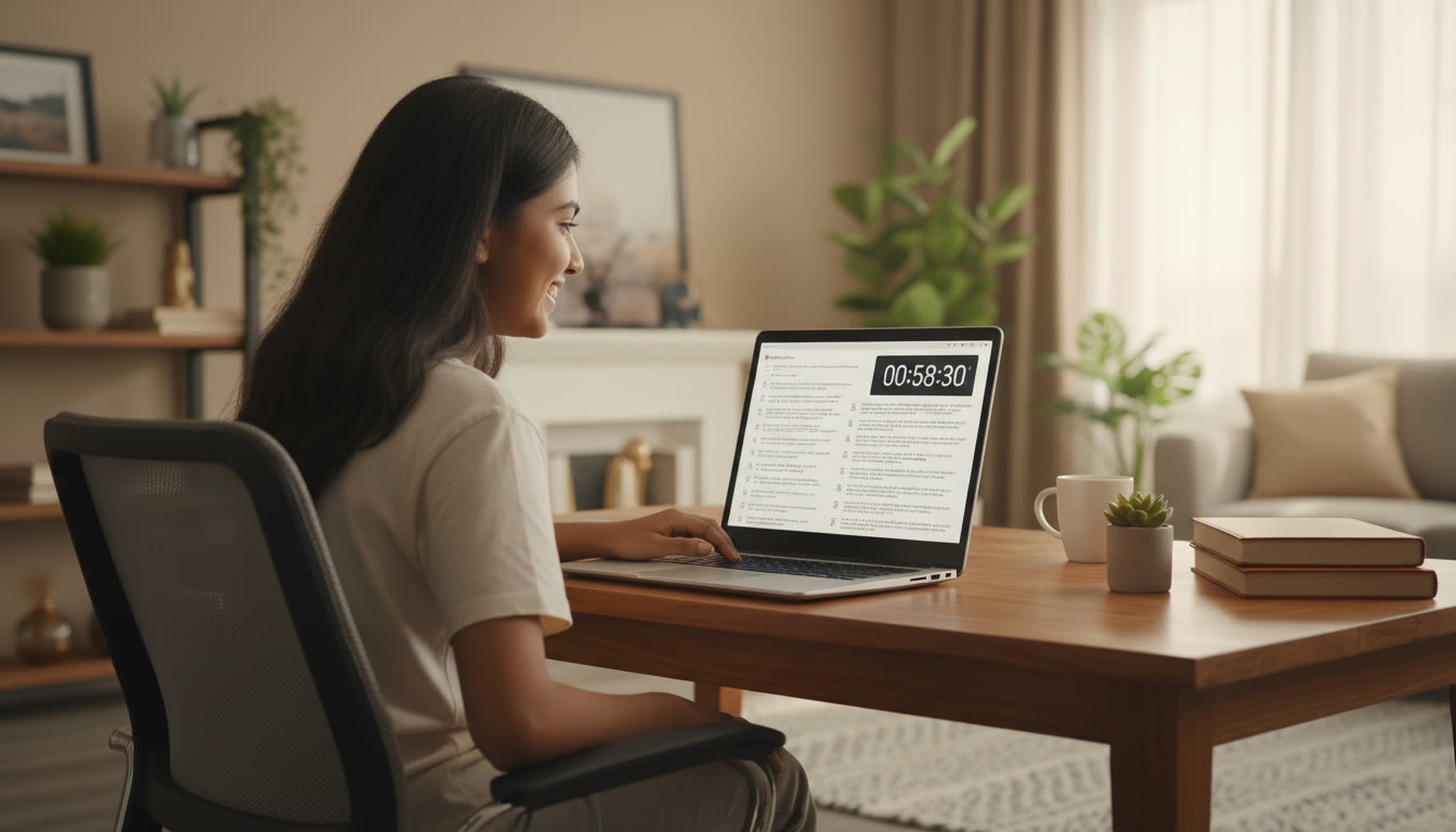 Photo Idea : Student taking a timed mock test on a laptop with a visible on-screen timer and focus on the screen