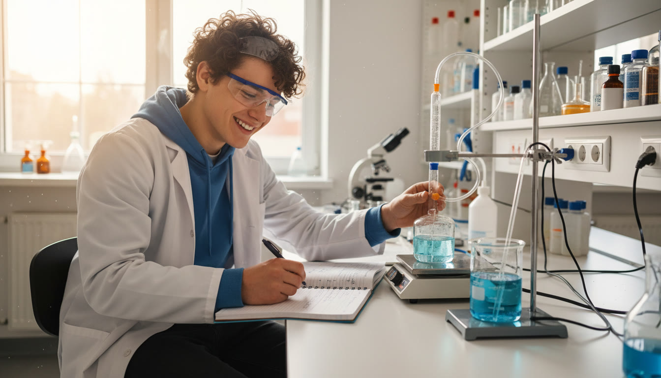 Photo Idea : a student in a lab notebook recording data next to experimental apparatus