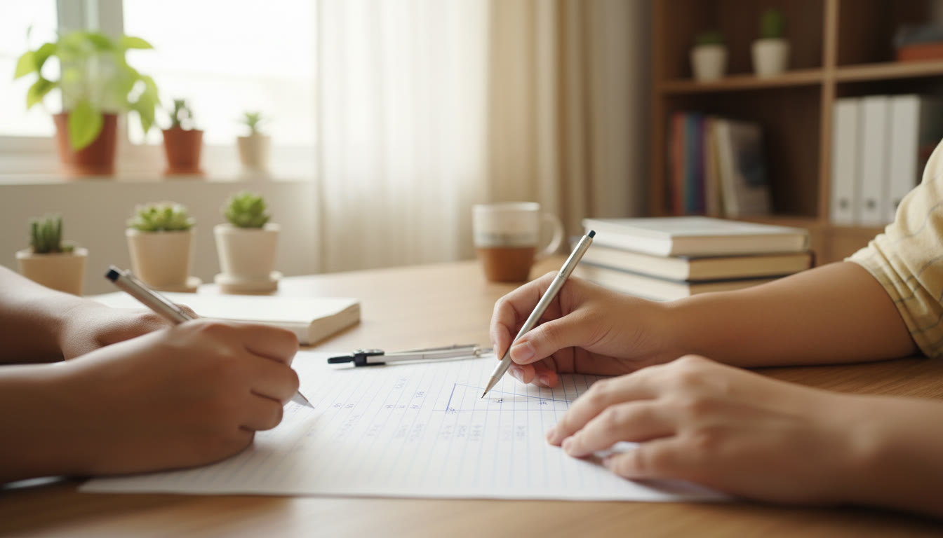Photo Idea : Close-up of hands solving a mathematics problem on paper with neat steps and labeled diagram