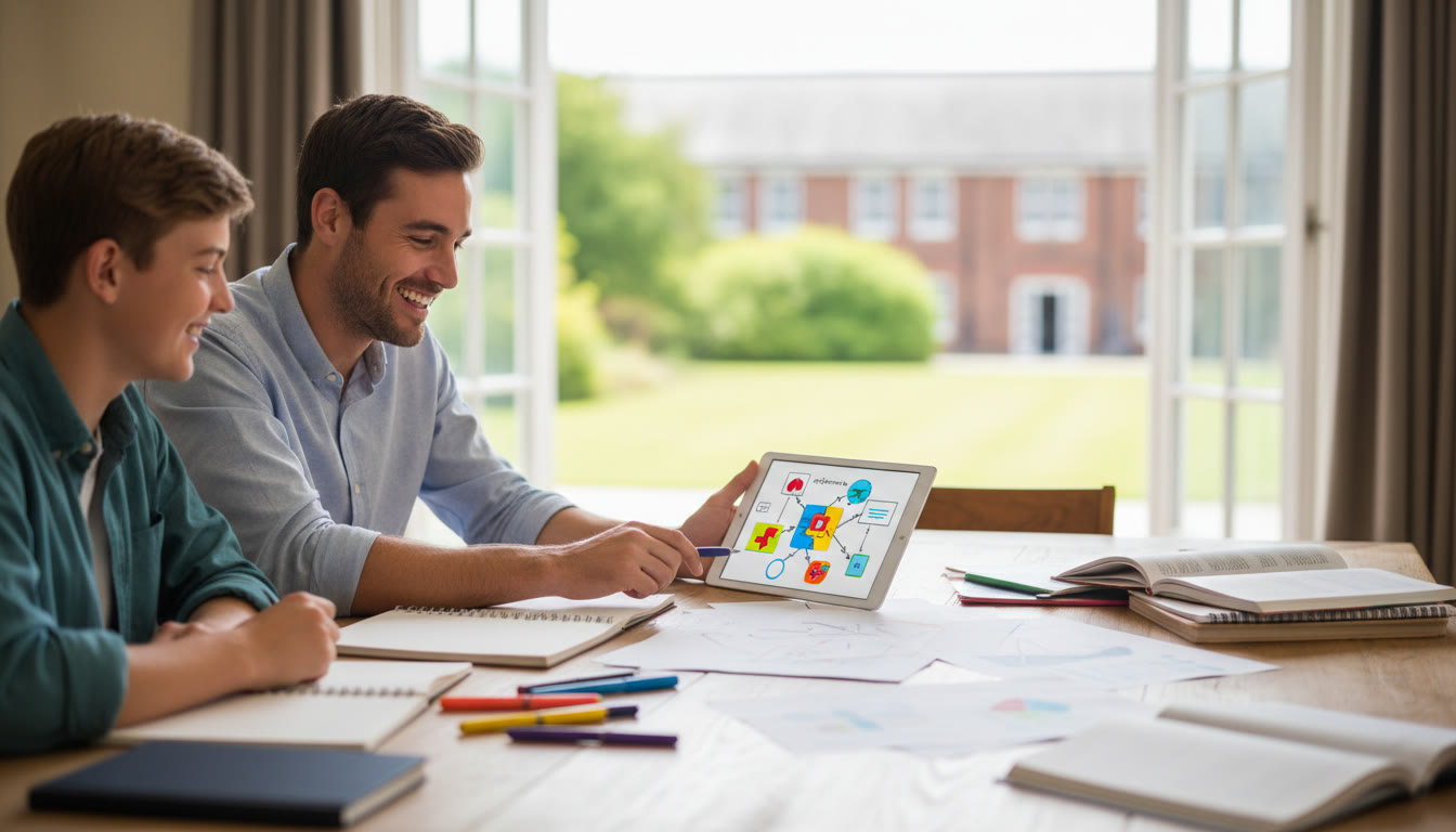 Photo Idea : A tutor and student reviewing a diagram on a tablet, surrounded by notebooks