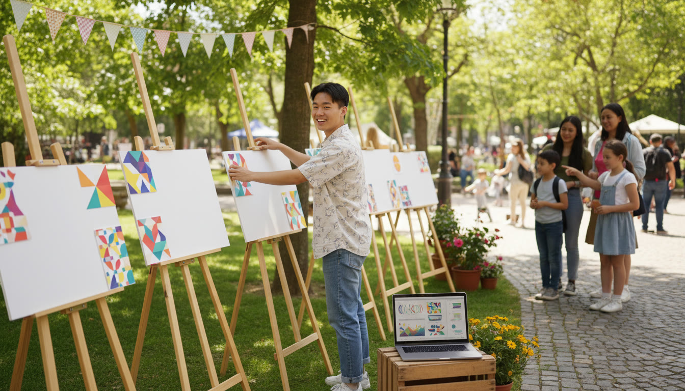 Photo Idea : Student setting up a small community workshop with poster boards and a laptop