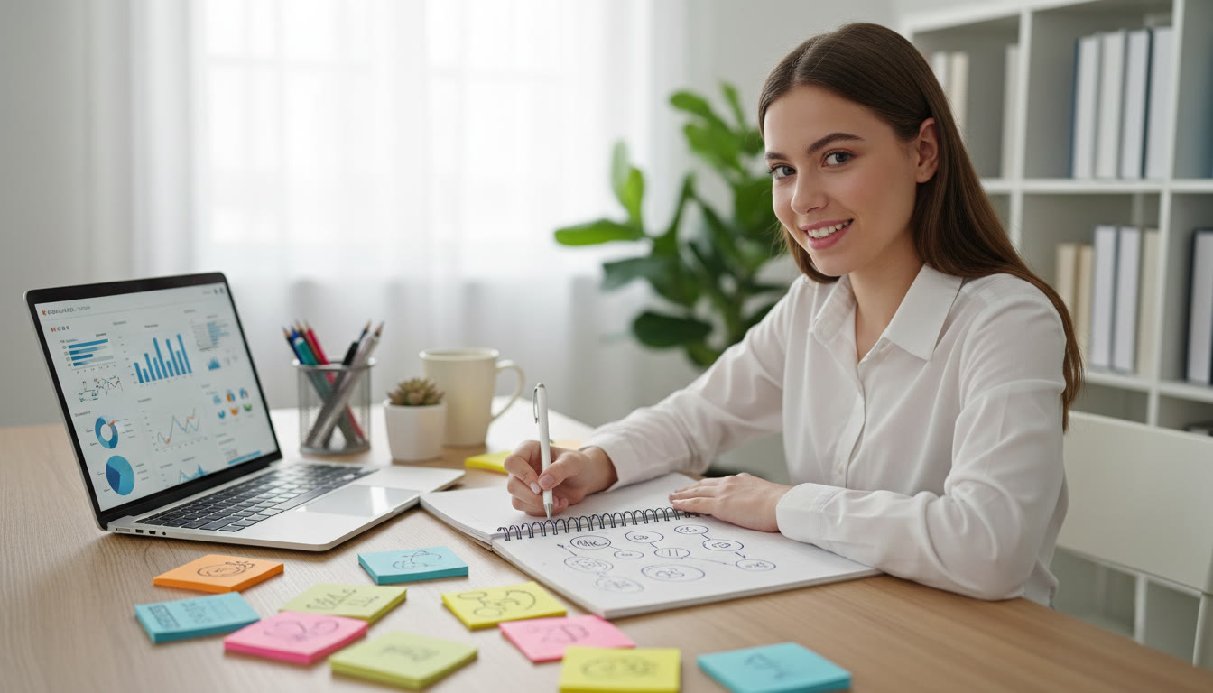 Photo Idea : Student at a tidy desk with a laptop and a notebook, sketching a research question while surrounded by colorful sticky notes