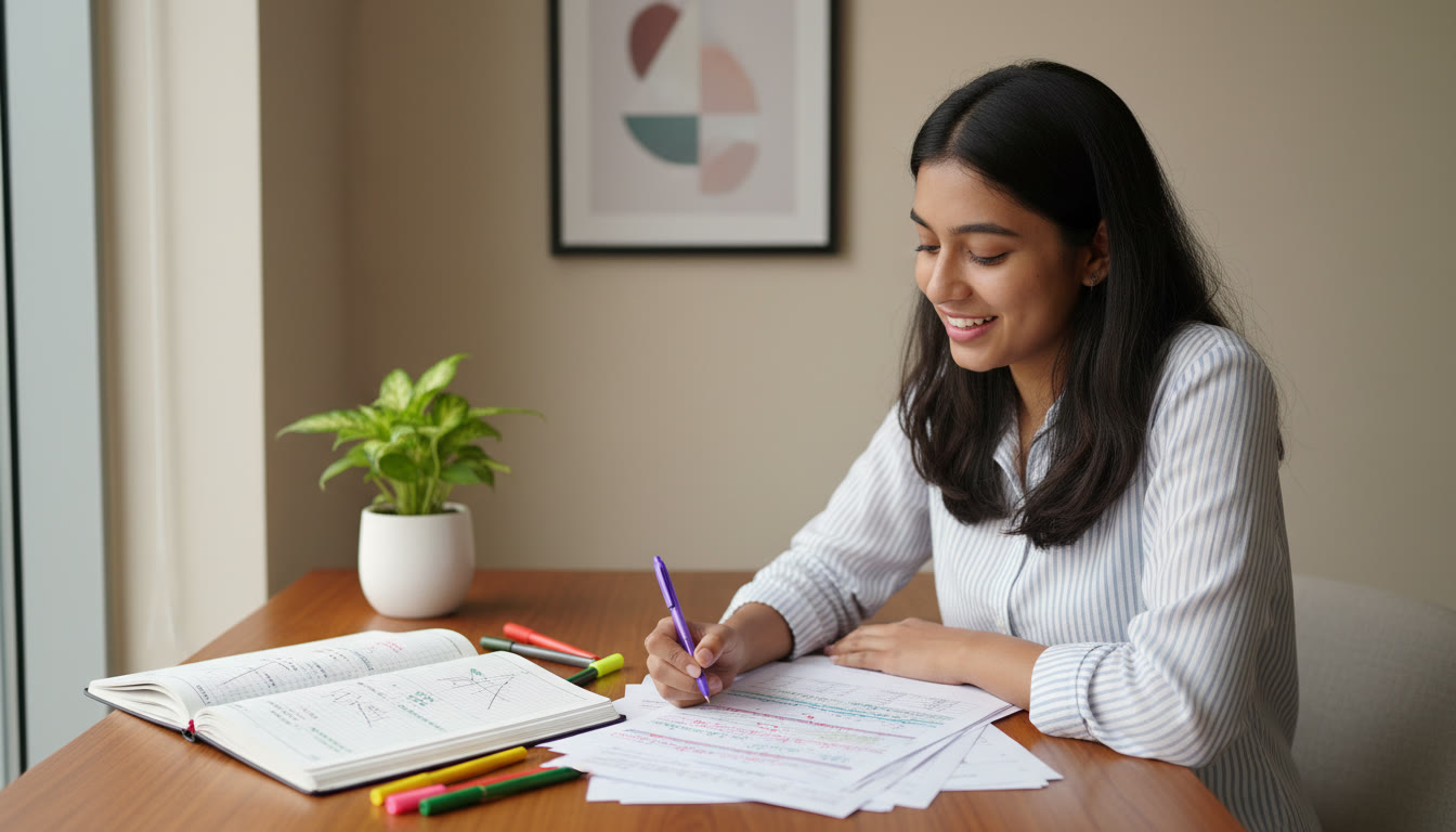 Photo Idea : Student analyzing a printed mock test with colored pens, error log notebook visible