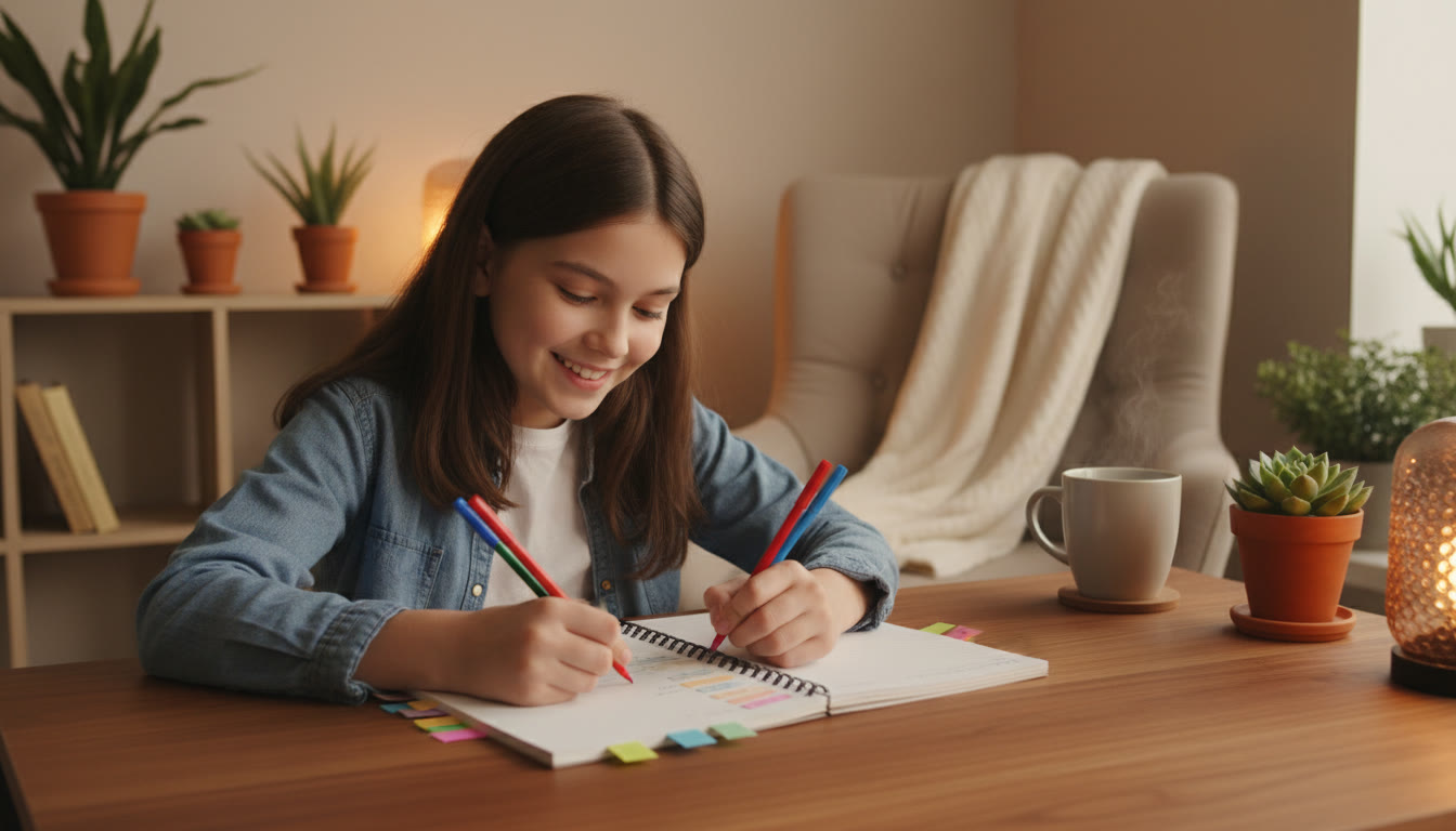 Photo Idea : A student marking errors in a notebook labeled 