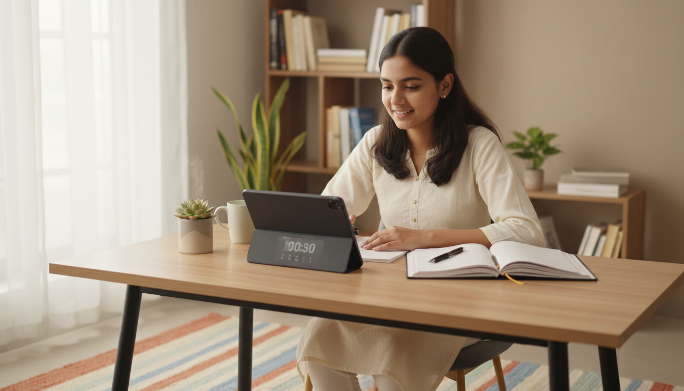 Photo Idea : A student taking a timed mock exam at a study table with a visible error log notebook