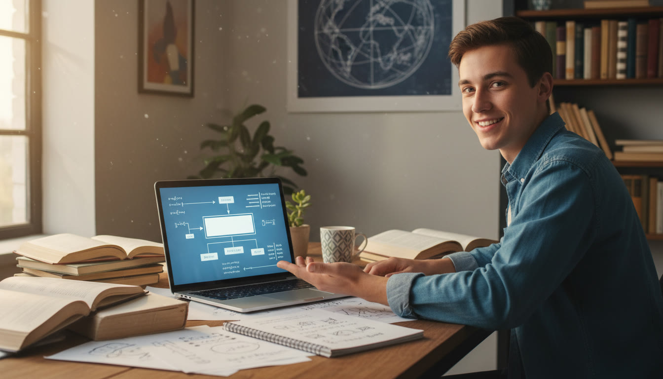Photo Idea : Student at a desk surrounded by books and notes, highlighting a laptop screen showing a research question