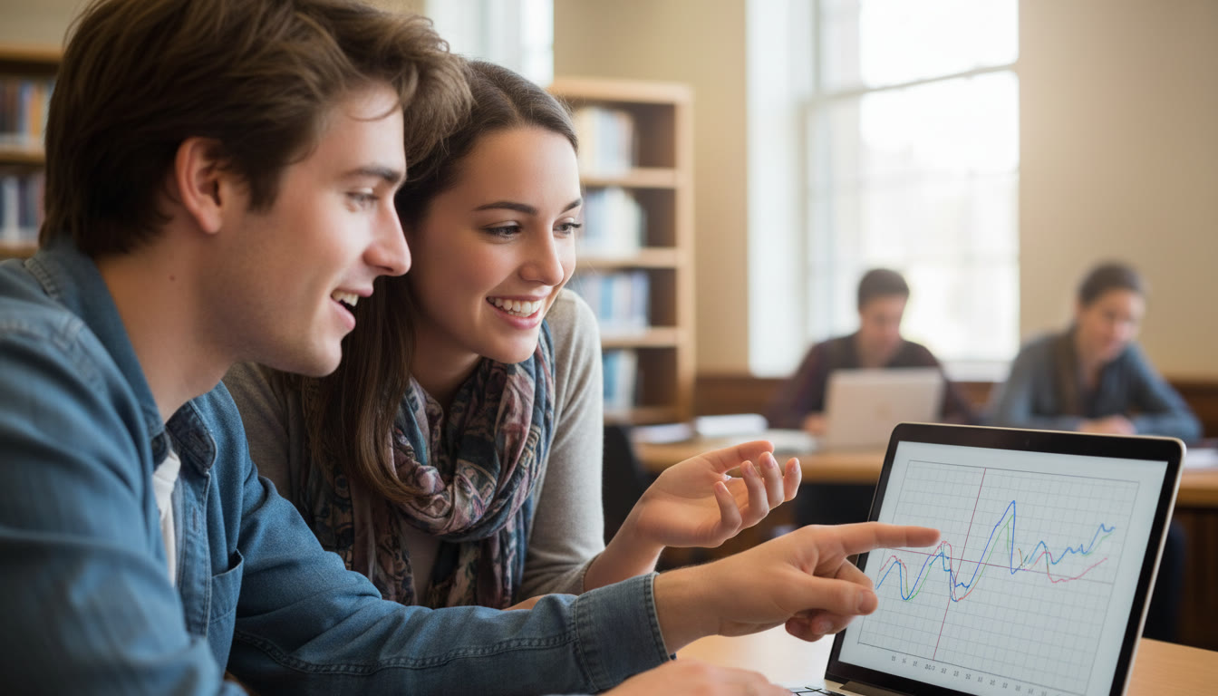 Photo Idea : Close-up of a student pointing to a plotted graph on a laptop while explaining to a peer