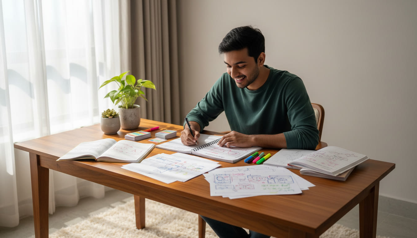 Photo Idea : A focused student at a desk with a marked mock test and colorful notes