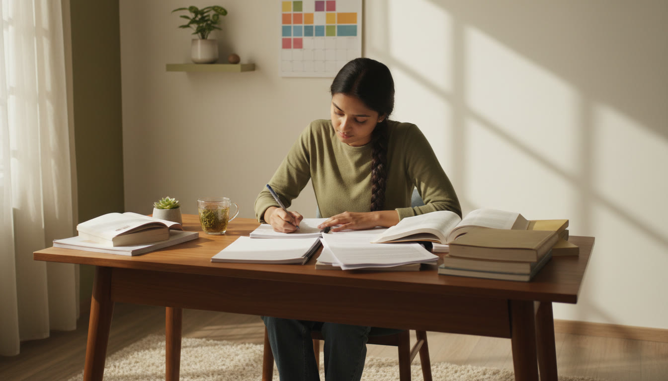 Photo Idea : A focused student at a desk surrounded by textbooks, notebooks, and a wall calendar showing a study schedule