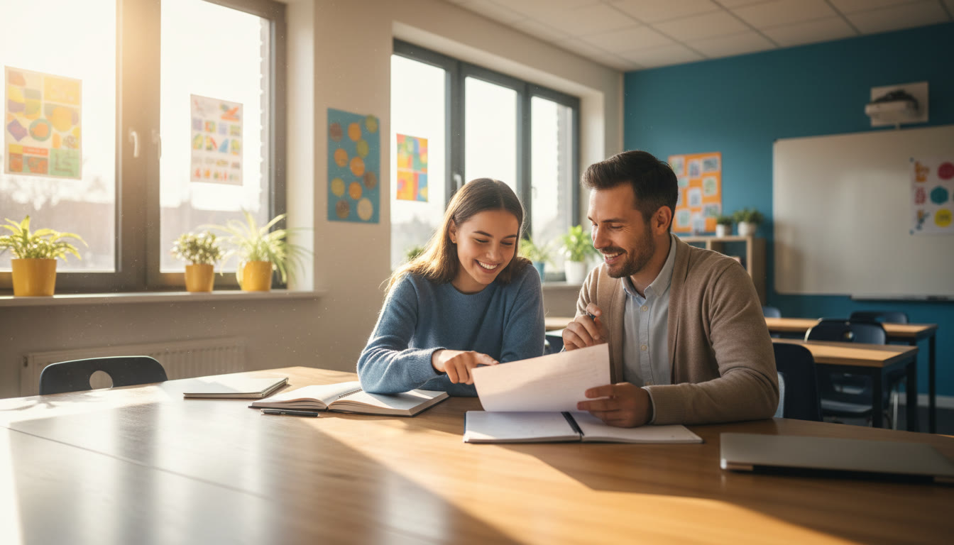 Photo Idea : Student and teacher reviewing a recommendation letter together in a bright classroom