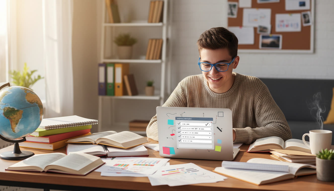 Photo Idea : A focused IB student studying at a desk with notes, textbooks and a laptop displaying an application form