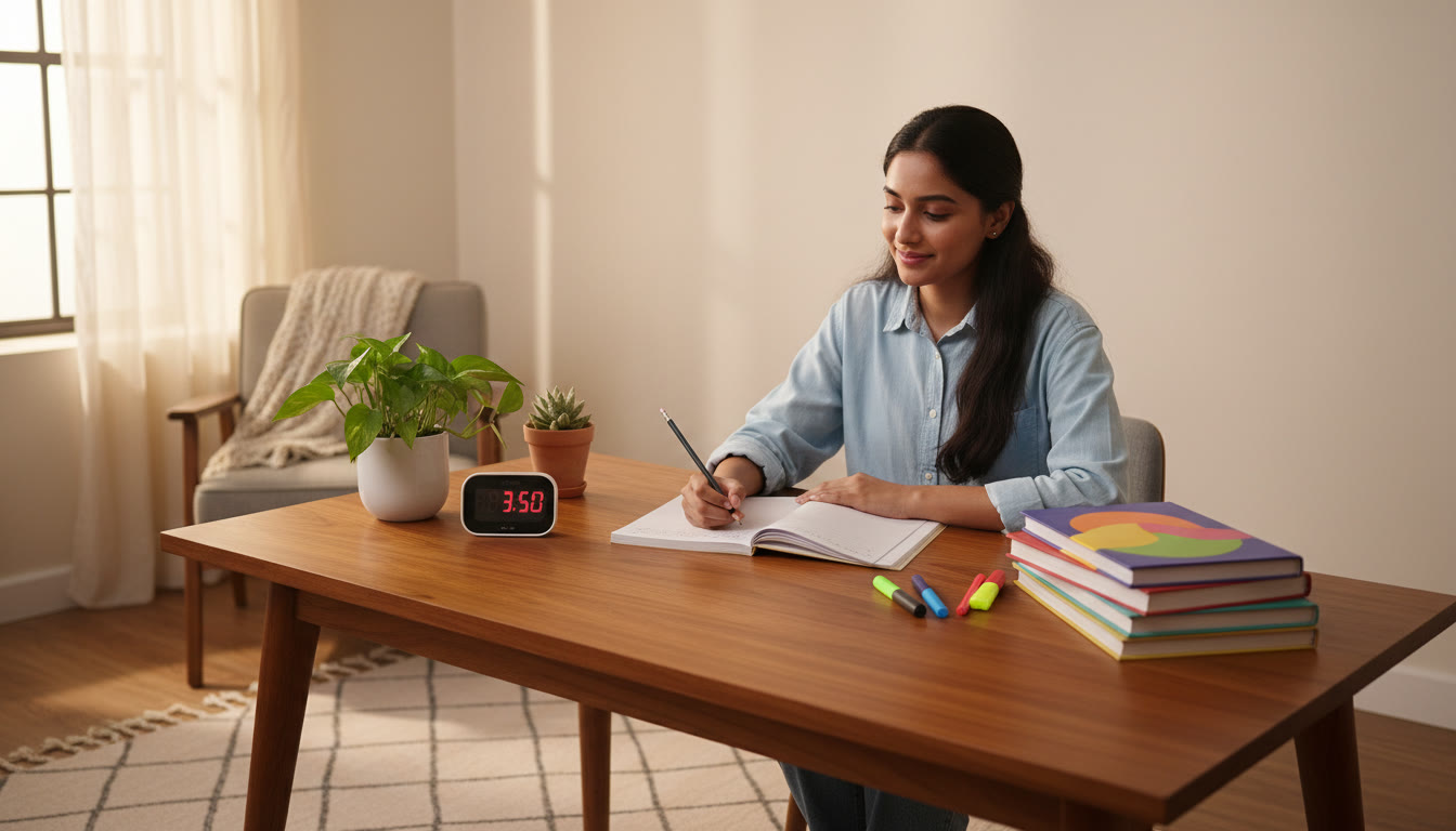 Photo Idea : A student taking a timed mock test with a stopwatch and neatly organized notes
